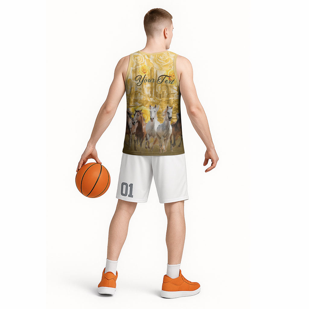 Personalised Melbourne 2026 Cup Basketball Jersey Yellow Rose Horse Racing