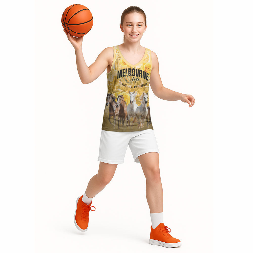 Personalised Melbourne 2026 Cup Basketball Jersey Yellow Rose Horse Racing