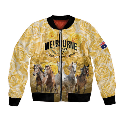 Personalised Melbourne 2026 Cup Bomber Jacket Yellow Rose Horse Racing