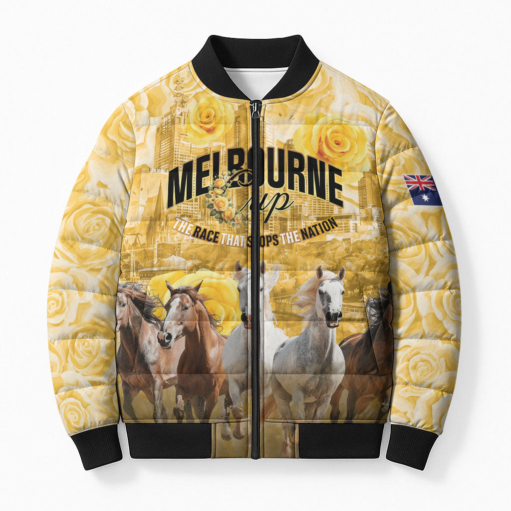 Personalised Melbourne 2026 Cup Bomber Puffer Jacket Yellow Rose Horse Racing