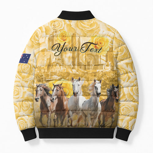 Personalised Melbourne 2026 Cup Bomber Puffer Jacket Yellow Rose Horse Racing