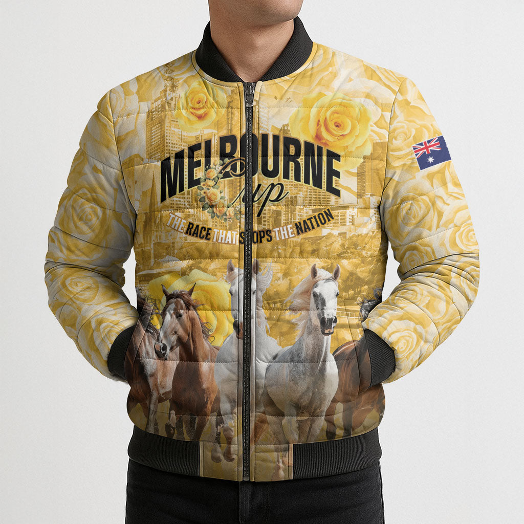 Personalised Melbourne 2026 Cup Bomber Puffer Jacket Yellow Rose Horse Racing