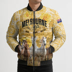 Personalised Melbourne 2026 Cup Bomber Puffer Jacket Yellow Rose Horse Racing
