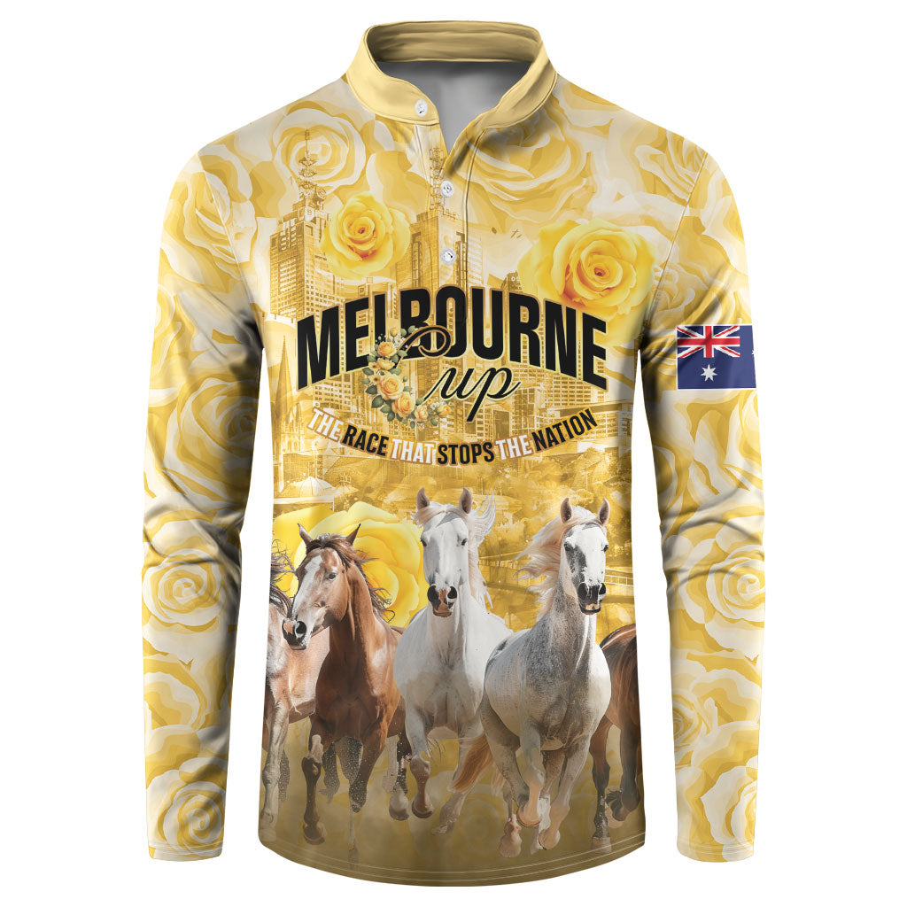 Personalised Melbourne 2026 Cup Button Sweatshirt Yellow Rose Horse Racing