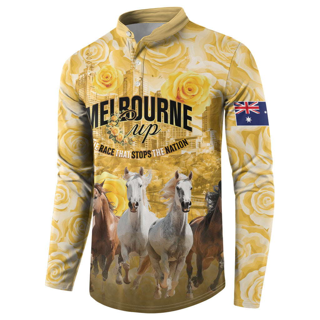 Personalised Melbourne 2026 Cup Button Sweatshirt Yellow Rose Horse Racing