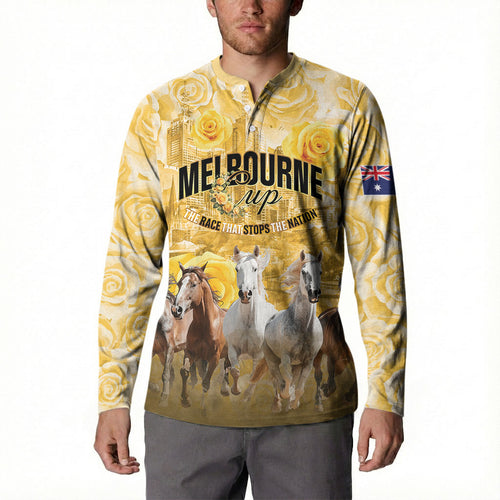 Personalised Melbourne 2026 Cup Button Sweatshirt Yellow Rose Horse Racing