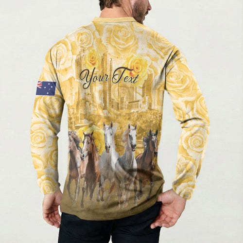Personalised Melbourne 2026 Cup Button Sweatshirt Yellow Rose Horse Racing