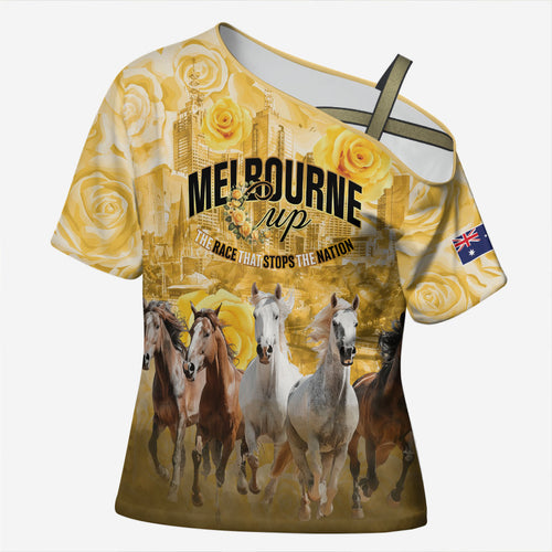 Personalised Melbourne 2026 Cup Cross Shoulder Shirt Yellow Rose Horse Racing