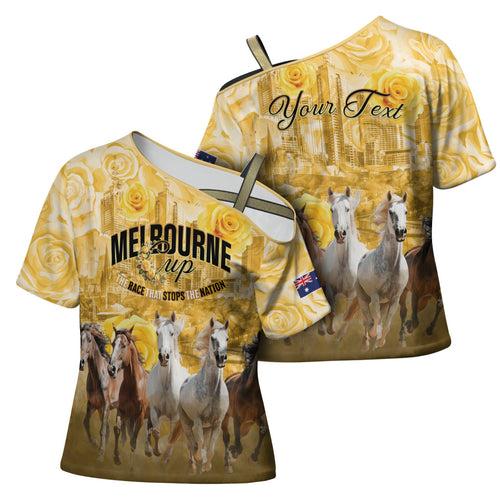 Personalised Melbourne 2026 Cup Cross Shoulder Shirt Yellow Rose Horse Racing