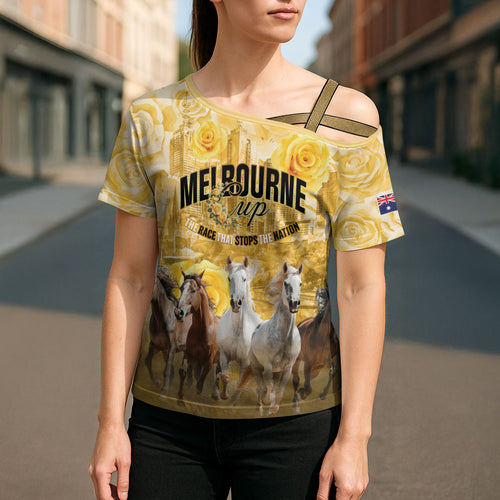 Personalised Melbourne 2026 Cup Cross Shoulder Shirt Yellow Rose Horse Racing