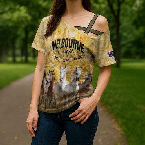 Personalised Melbourne 2026 Cup Cross Shoulder Shirt Yellow Rose Horse Racing