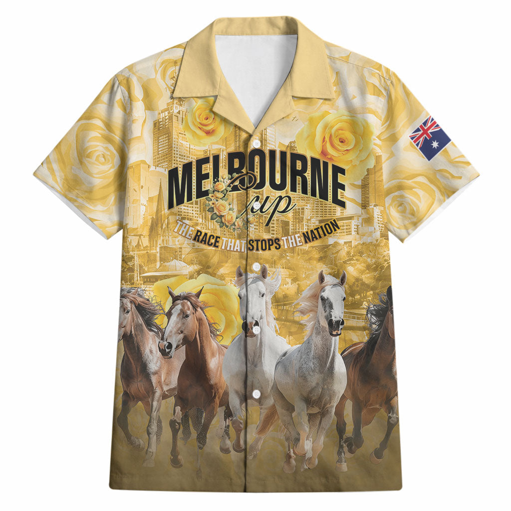 Personalised Melbourne 2026 Cup Hawaiian Shirt Yellow Rose Horse Racing