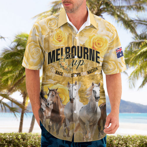 Personalised Melbourne 2026 Cup Hawaiian Shirt Yellow Rose Horse Racing