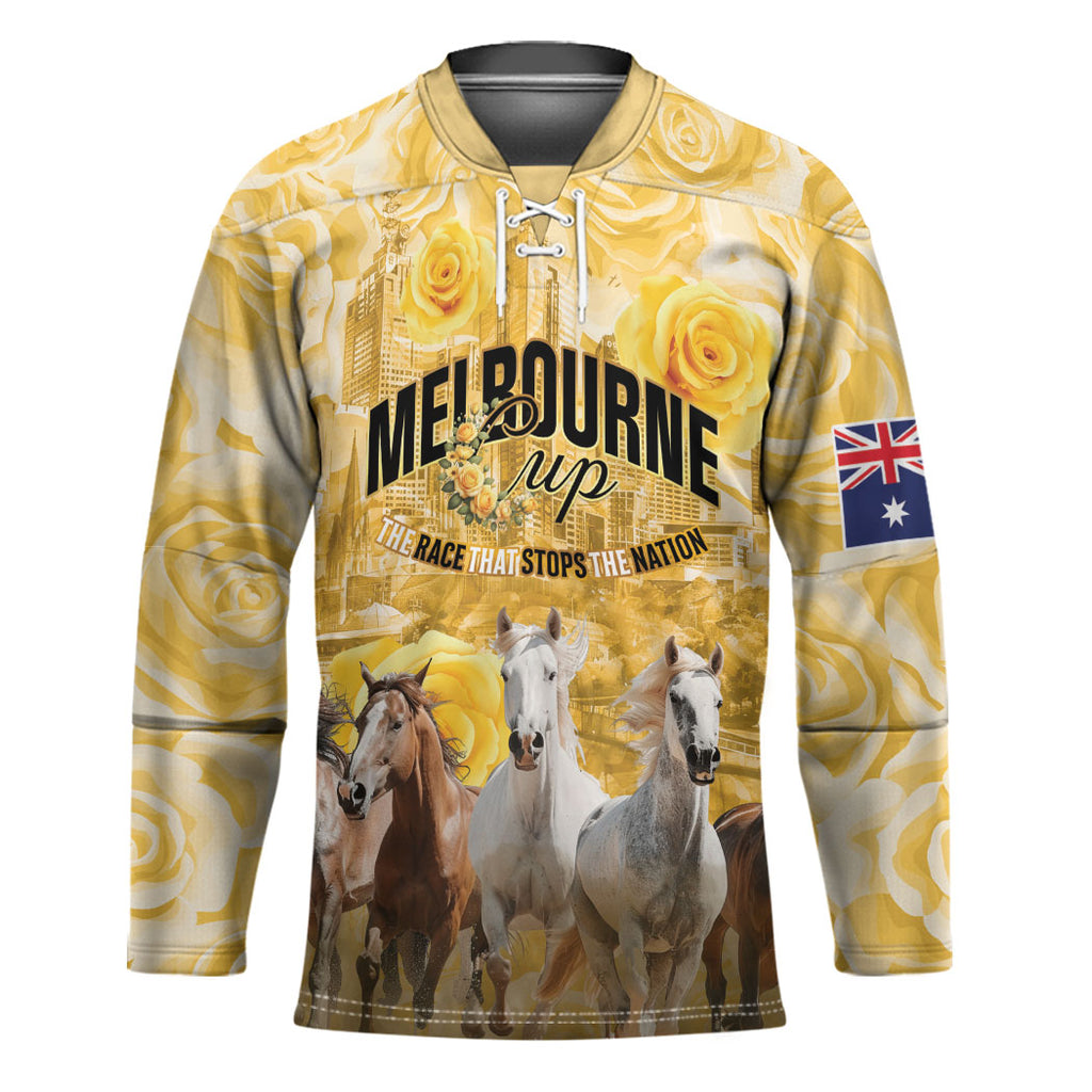 Personalised Melbourne 2026 Cup Hockey Jersey Yellow Rose Horse Racing
