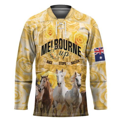 Personalised Melbourne 2026 Cup Hockey Jersey Yellow Rose Horse Racing