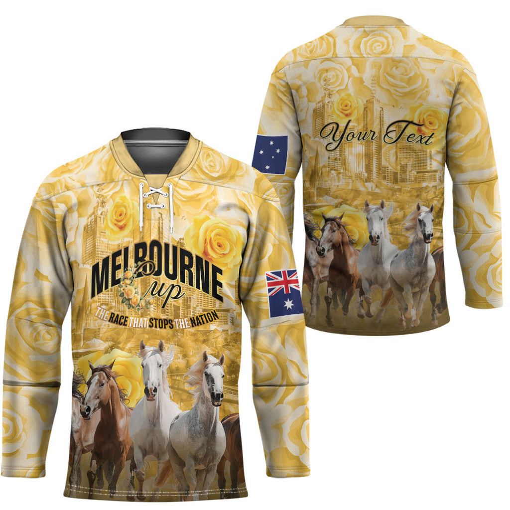 Personalised Melbourne 2026 Cup Hockey Jersey Yellow Rose Horse Racing