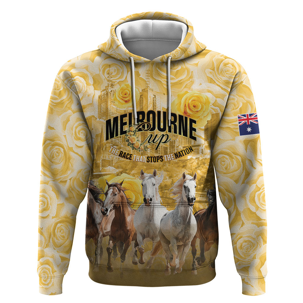 Personalised Melbourne 2026 Cup Hoodie Yellow Rose Horse Racing