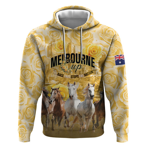 Personalised Melbourne 2026 Cup Hoodie Yellow Rose Horse Racing