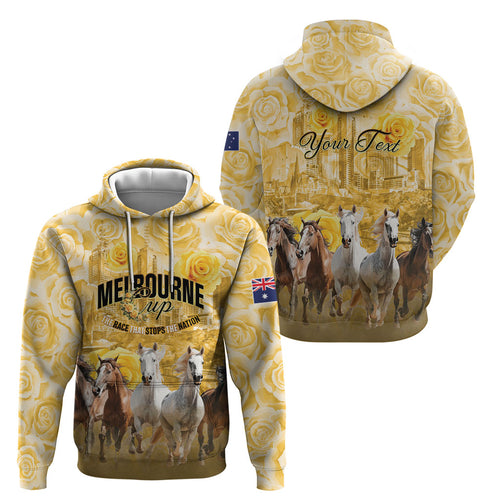 Personalised Melbourne 2026 Cup Hoodie Yellow Rose Horse Racing