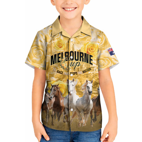 Personalised Melbourne 2026 Cup Kid Hawaiian Shirt Yellow Rose Horse Racing