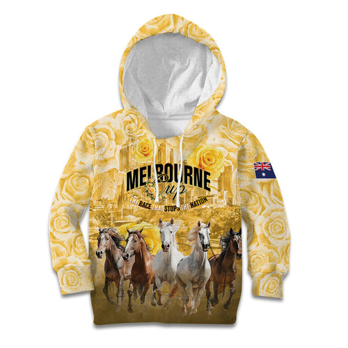 Personalised Melbourne 2026 Cup Kid Hoodie Yellow Rose Horse Racing