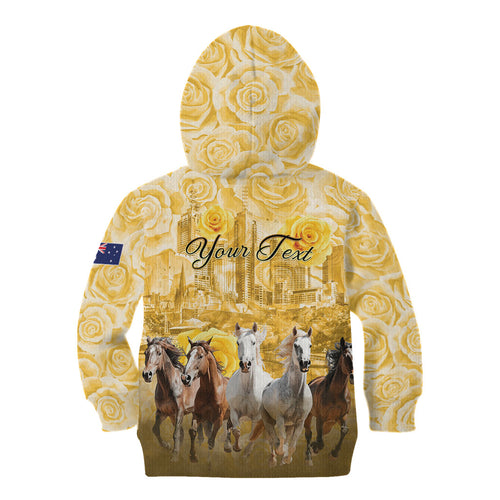 Personalised Melbourne 2026 Cup Kid Hoodie Yellow Rose Horse Racing