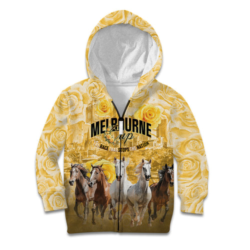 Personalised Melbourne 2026 Cup Kid Hoodie Yellow Rose Horse Racing
