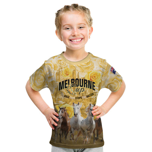 Personalised Melbourne 2026 Cup Kid T Shirt Yellow Rose Horse Racing