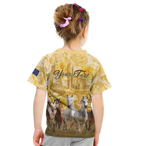 Personalised Melbourne 2026 Cup Kid T Shirt Yellow Rose Horse Racing