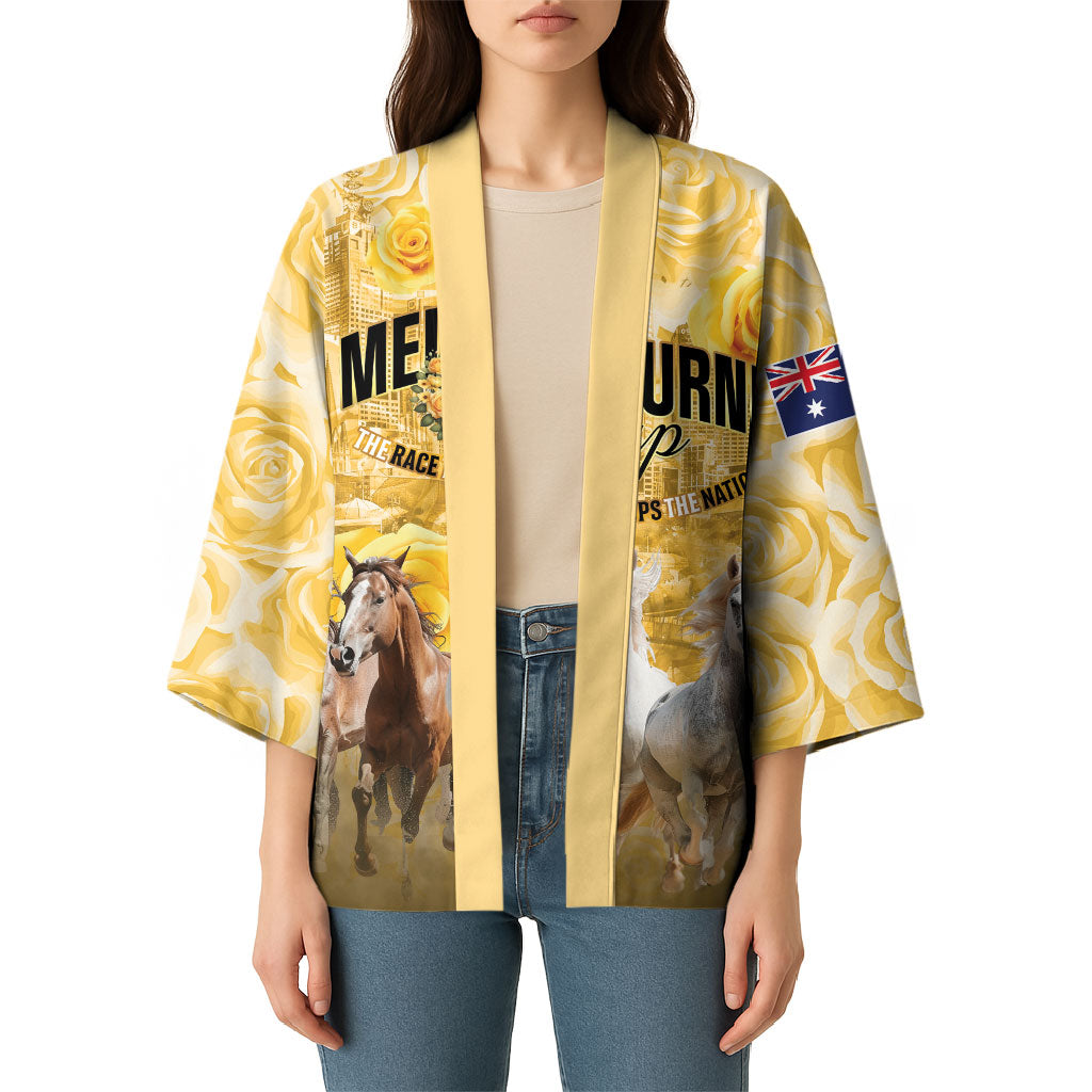 Personalised Melbourne 2026 Cup Kimono Yellow Rose Horse Racing