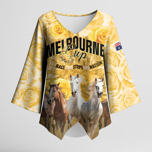 Personalised Melbourne 2026 Cup Kimono Sleeve Blouse Yellow Rose Horse Racing