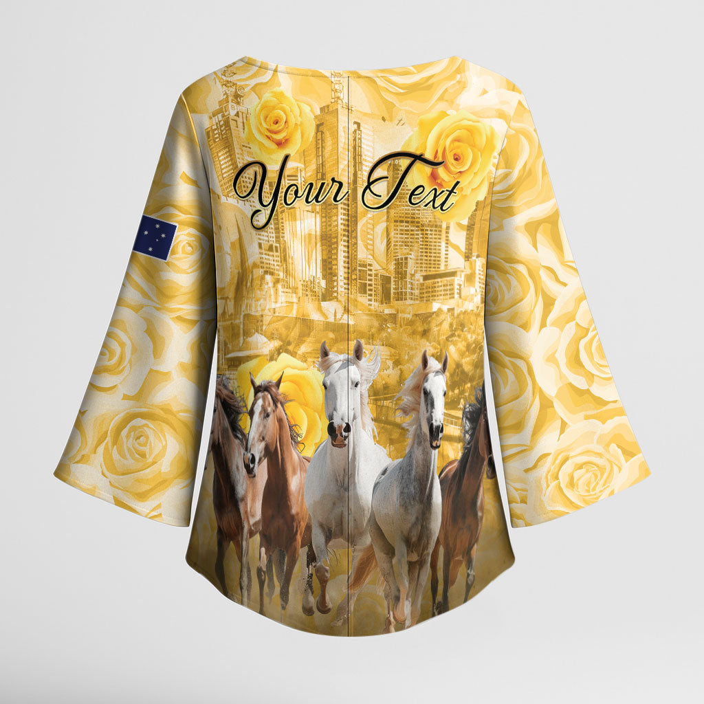 Personalised Melbourne 2026 Cup Kimono Sleeve Blouse Yellow Rose Horse Racing