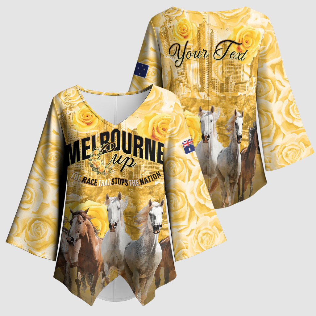 Personalised Melbourne 2026 Cup Kimono Sleeve Blouse Yellow Rose Horse Racing
