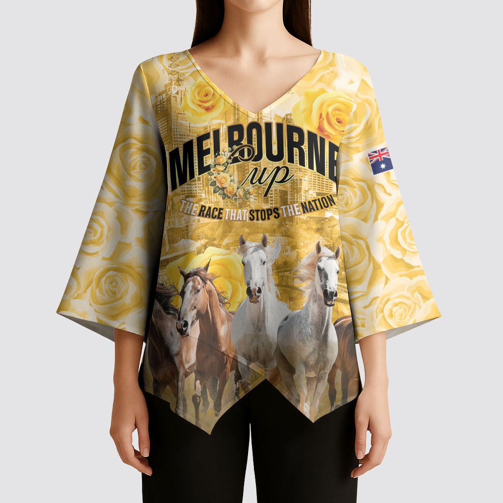 Personalised Melbourne 2026 Cup Kimono Sleeve Blouse Yellow Rose Horse Racing
