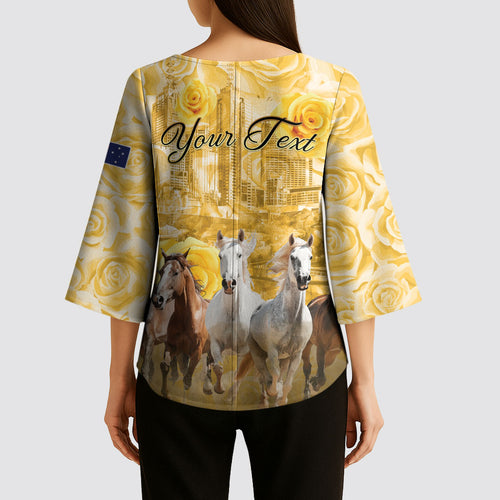 Personalised Melbourne 2026 Cup Kimono Sleeve Blouse Yellow Rose Horse Racing