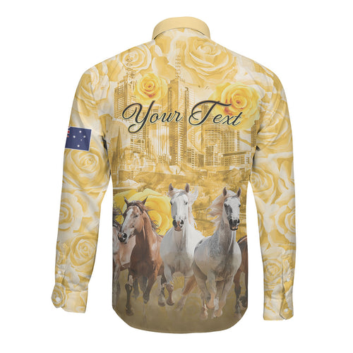 Personalised Melbourne 2026 Cup Long Sleeve Button Shirt Yellow Rose Horse Racing