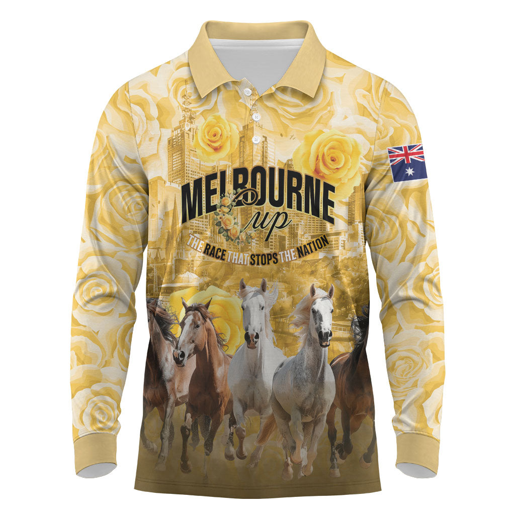 Personalised Melbourne 2026 Cup Long Sleeve Polo Shirt Yellow Rose Horse Racing