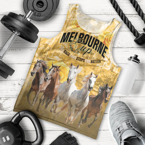 Personalised Melbourne 2026 Cup Men Tank Top Yellow Rose Horse Racing
