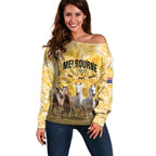 Personalised Melbourne 2026 Cup Off Shoulder Sweater Yellow Rose Horse Racing