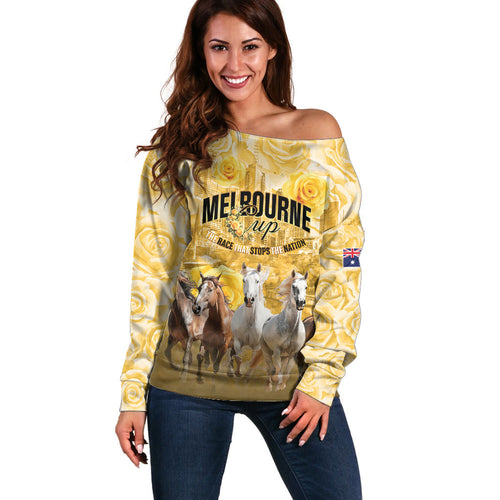 Personalised Melbourne 2026 Cup Off Shoulder Sweater Yellow Rose Horse Racing