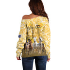 Personalised Melbourne 2026 Cup Off Shoulder Sweater Yellow Rose Horse Racing