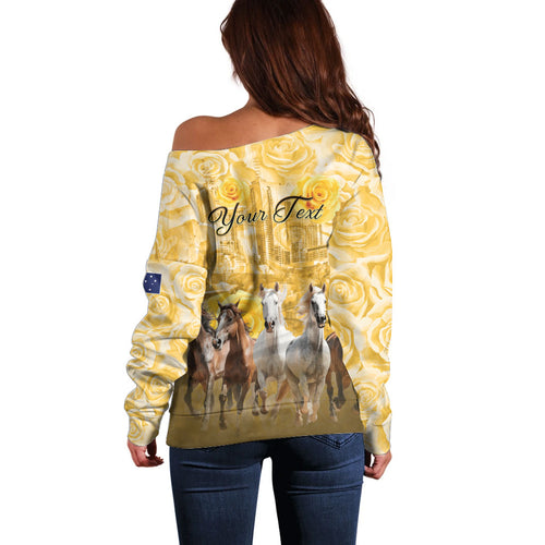 Personalised Melbourne 2026 Cup Off Shoulder Sweater Yellow Rose Horse Racing