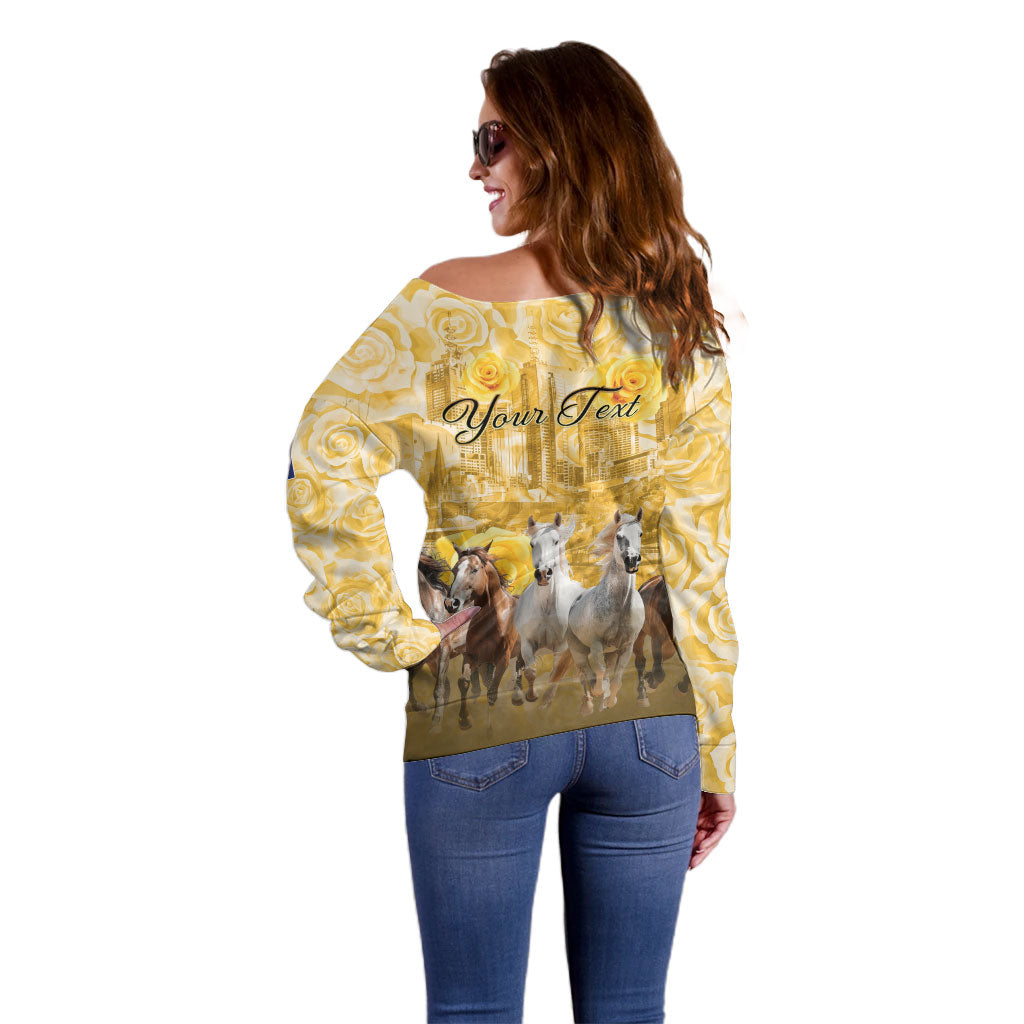 Personalised Melbourne 2026 Cup Off Shoulder Sweater Yellow Rose Horse Racing