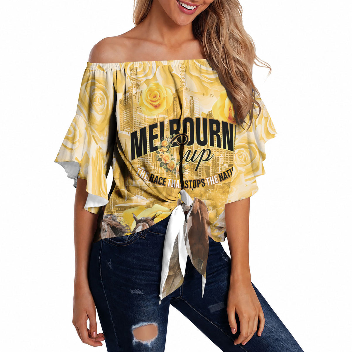 Personalised Melbourne 2026 Cup Off Shoulder Wrap Waist Top Yellow Rose Horse Racing