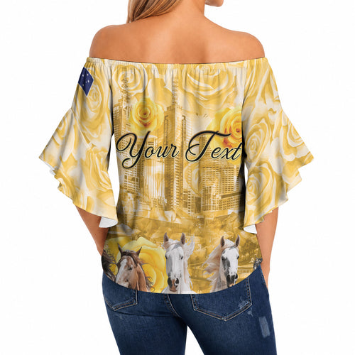 Personalised Melbourne 2026 Cup Off Shoulder Wrap Waist Top Yellow Rose Horse Racing