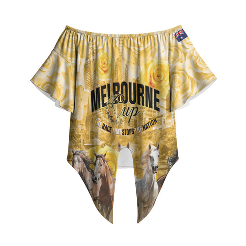Personalised Melbourne 2026 Cup Off Shoulder Wrap Waist Top Yellow Rose Horse Racing