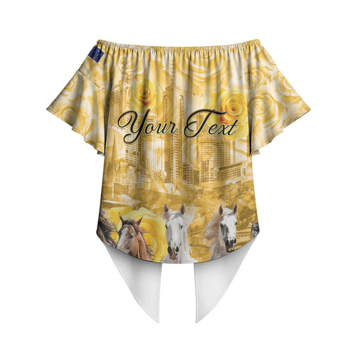 Personalised Melbourne 2026 Cup Off Shoulder Wrap Waist Top Yellow Rose Horse Racing