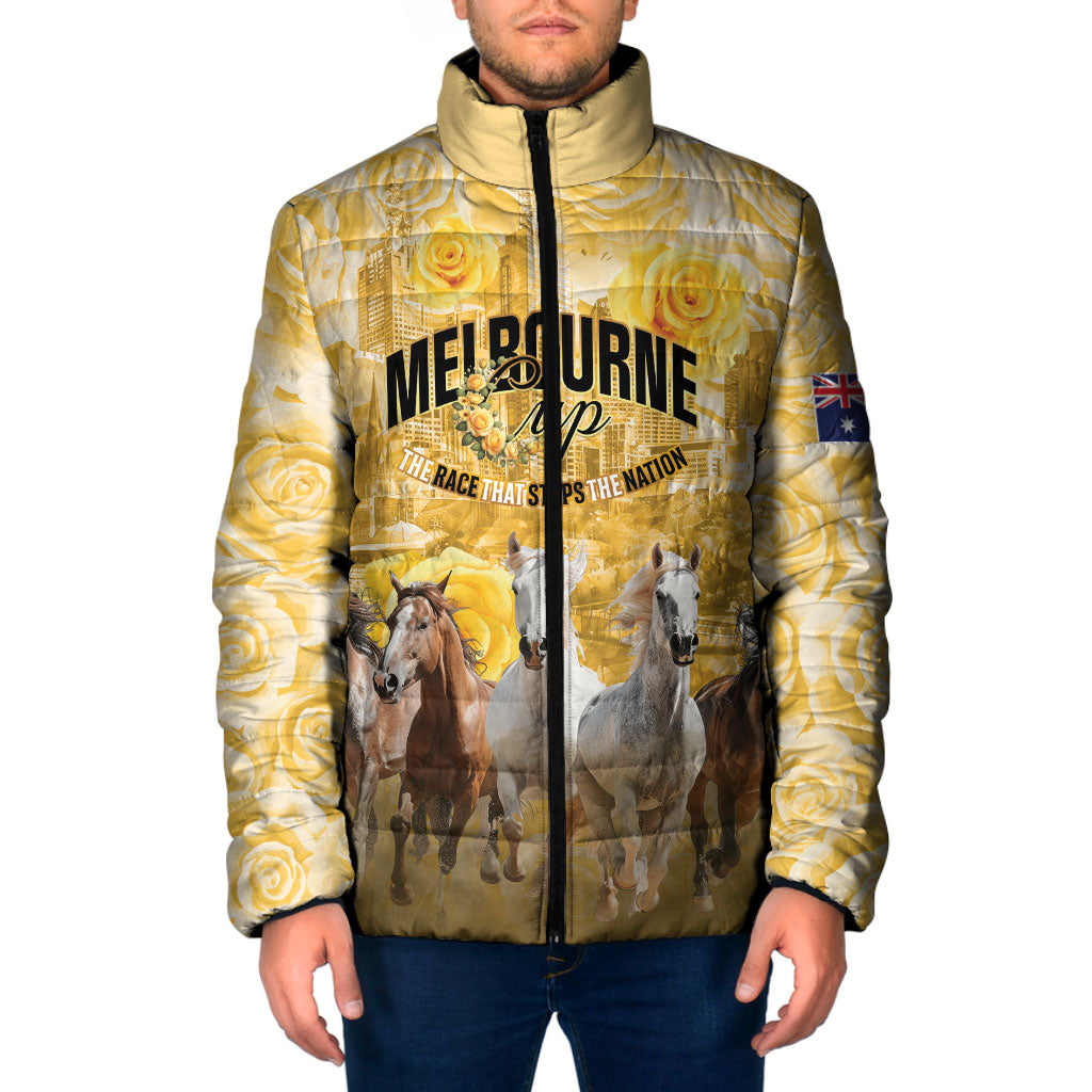 Personalised Melbourne 2026 Cup Padded Jacket Yellow Rose Horse Racing