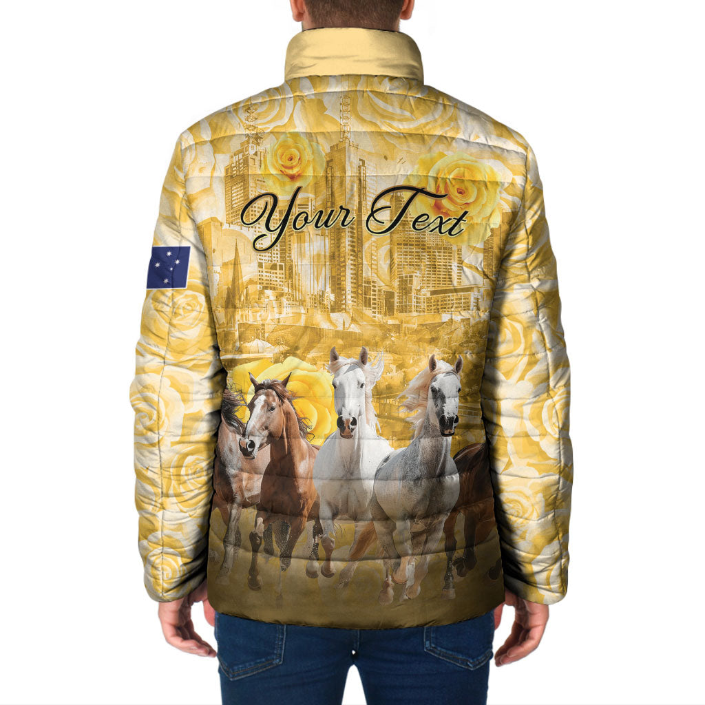 Personalised Melbourne 2026 Cup Padded Jacket Yellow Rose Horse Racing