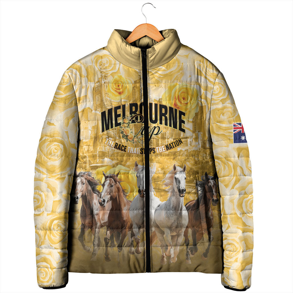 Personalised Melbourne 2026 Cup Padded Jacket Yellow Rose Horse Racing
